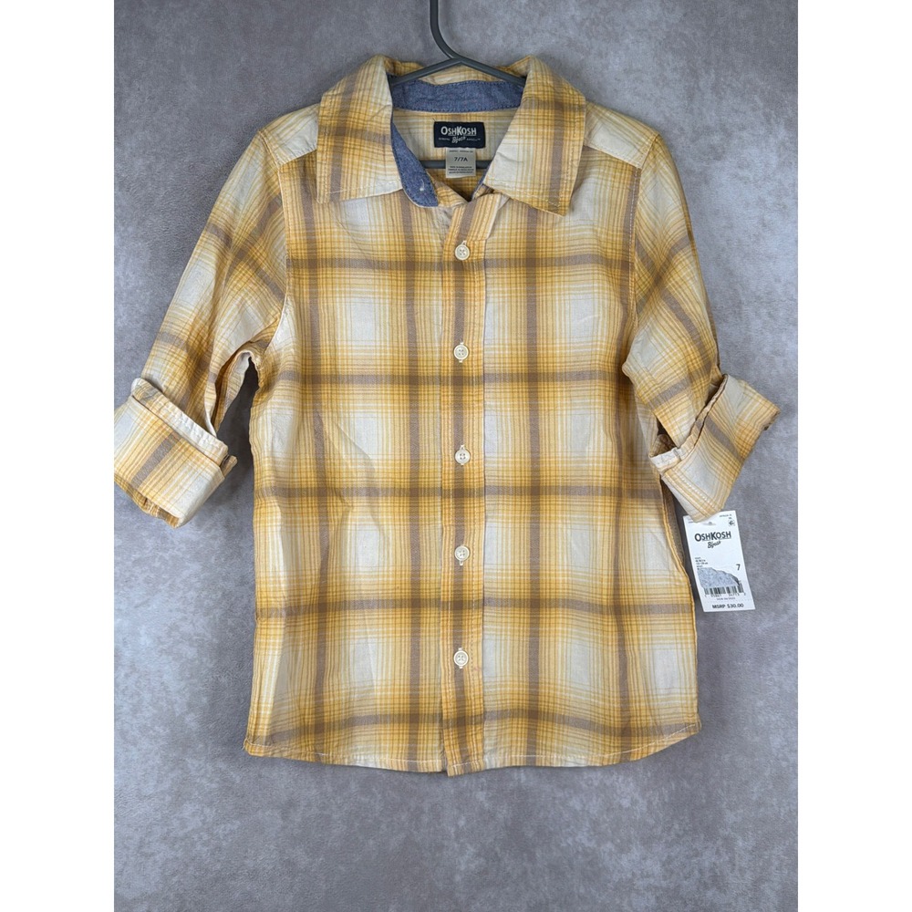 NWT OshKosh B'gosh Kids Plaid Button Down Shirt Size 7 Yellow White - Picture 1 of 5